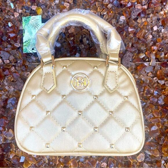 NWT Badgley Mischka Studio Metallic Gold Quilted Studded Dome Crossbody Bag. - Picture 8 of 15